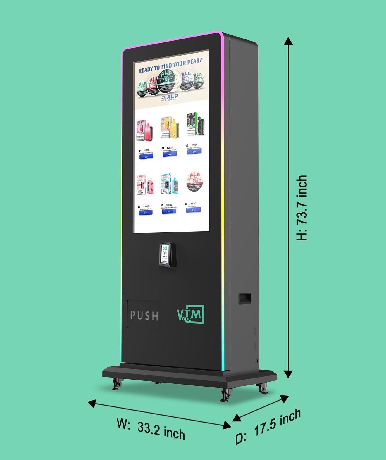 Freestanding tower vending machine with dimensions - 33.2 inches wide by 73.7 inches tall
