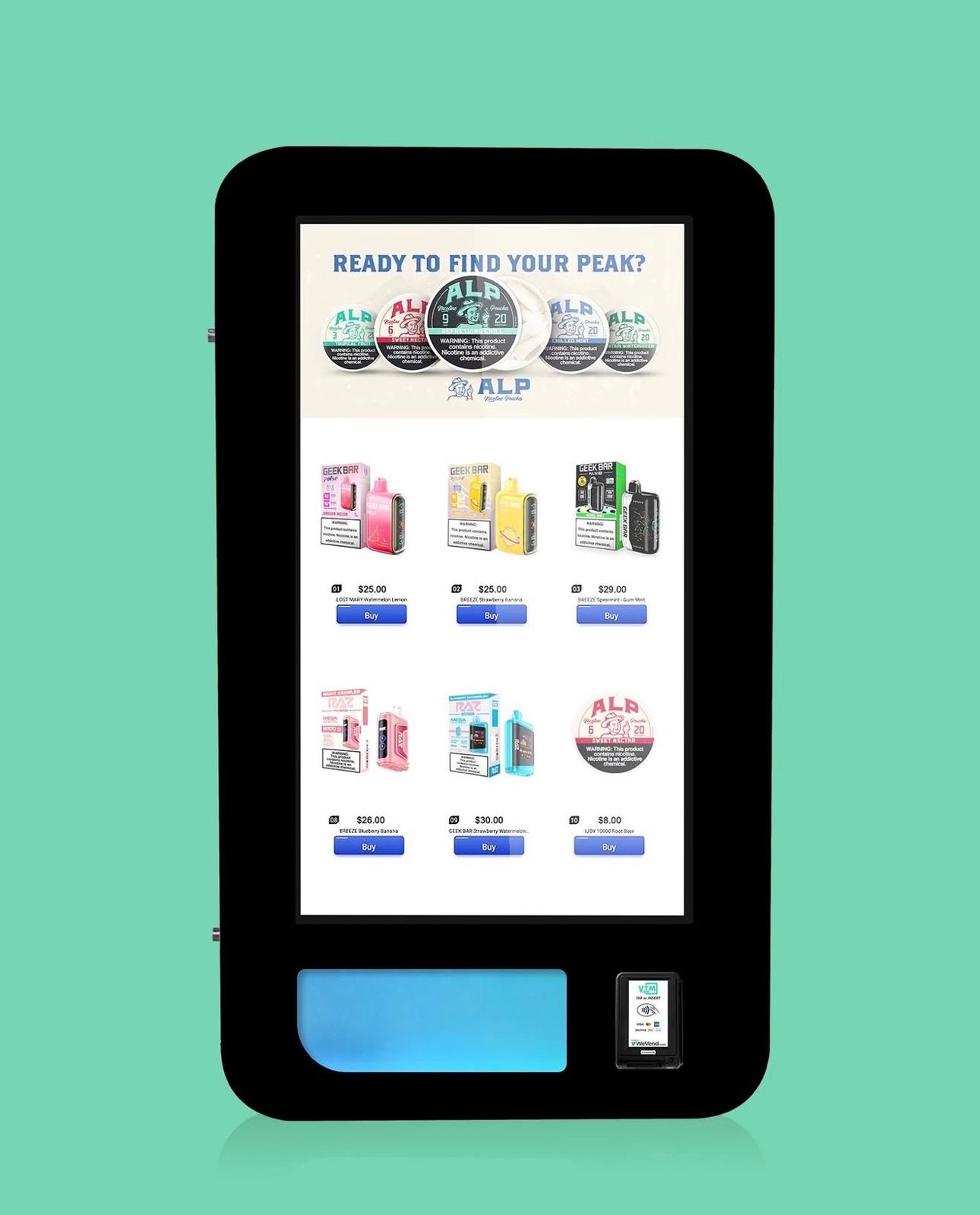 Front view of touchscreen vending machine showing product selection grid